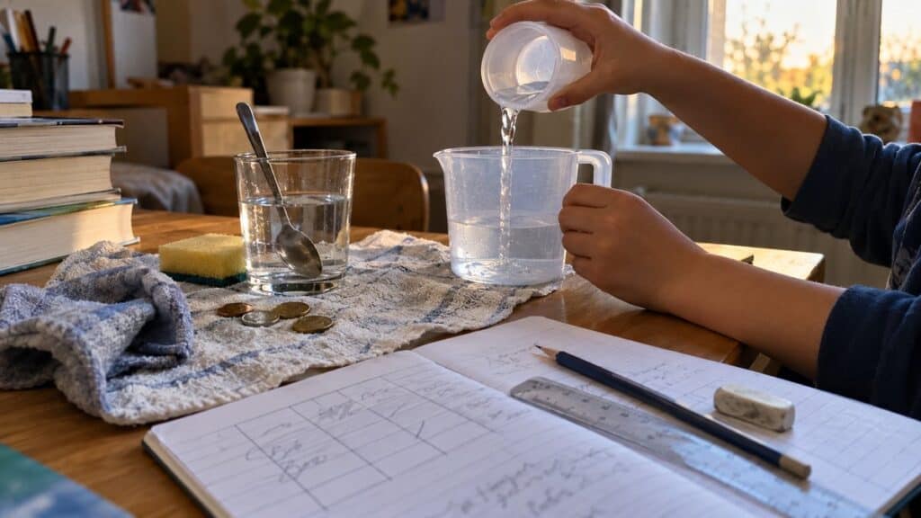 Child's hands pouring water into a measuring jug for a home science experiment beside an exercise book and ruler